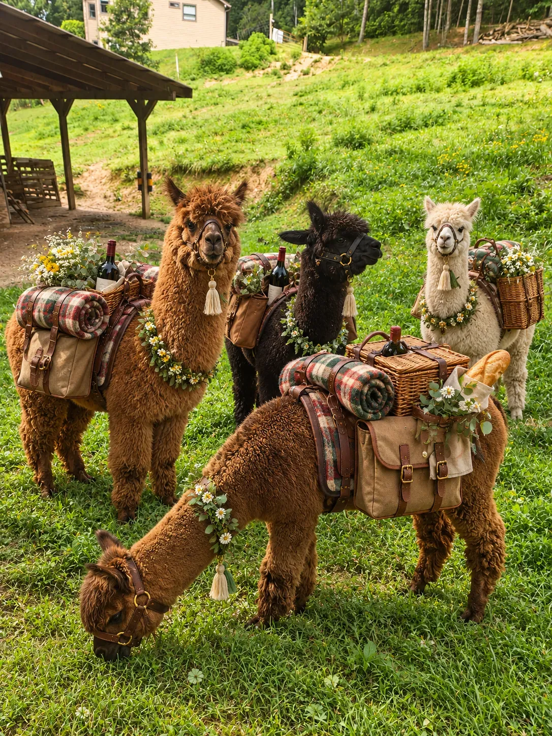 Alpacas loaded with picnic baskets and blankets