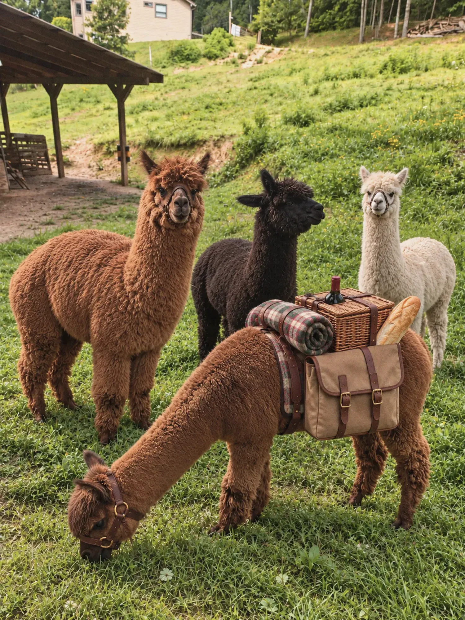 The alpacas in the pasture, packed for a picnic