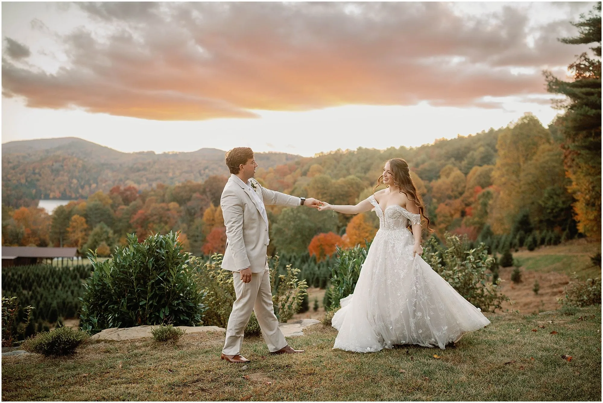 A first dance at sunset above the fir rows