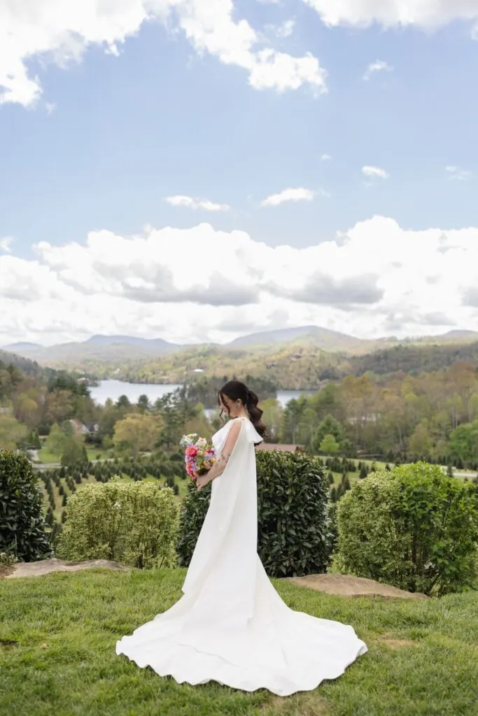 Bride at Chimney Pond Farm overlooking Lake Glenville
